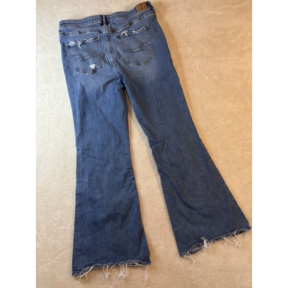 American Eagle Jeans Womens Size 16 Blue Super High Rise Flare Stretch Destroyed - Picture 1 of 12
